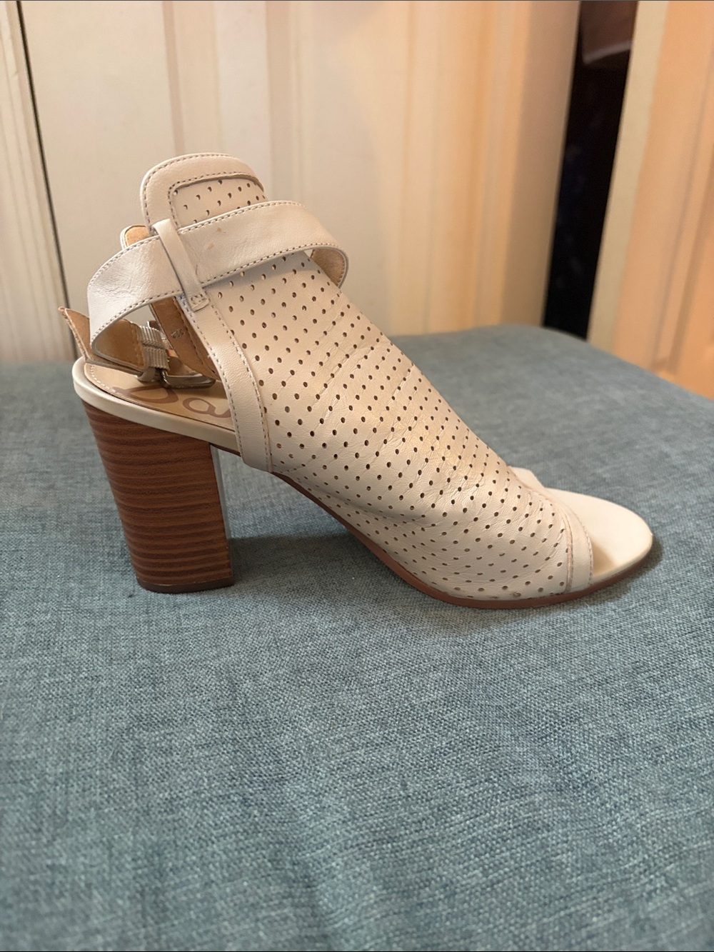 Sam Edelman Perforated Open-Toe Block Heel Sandal in Cream